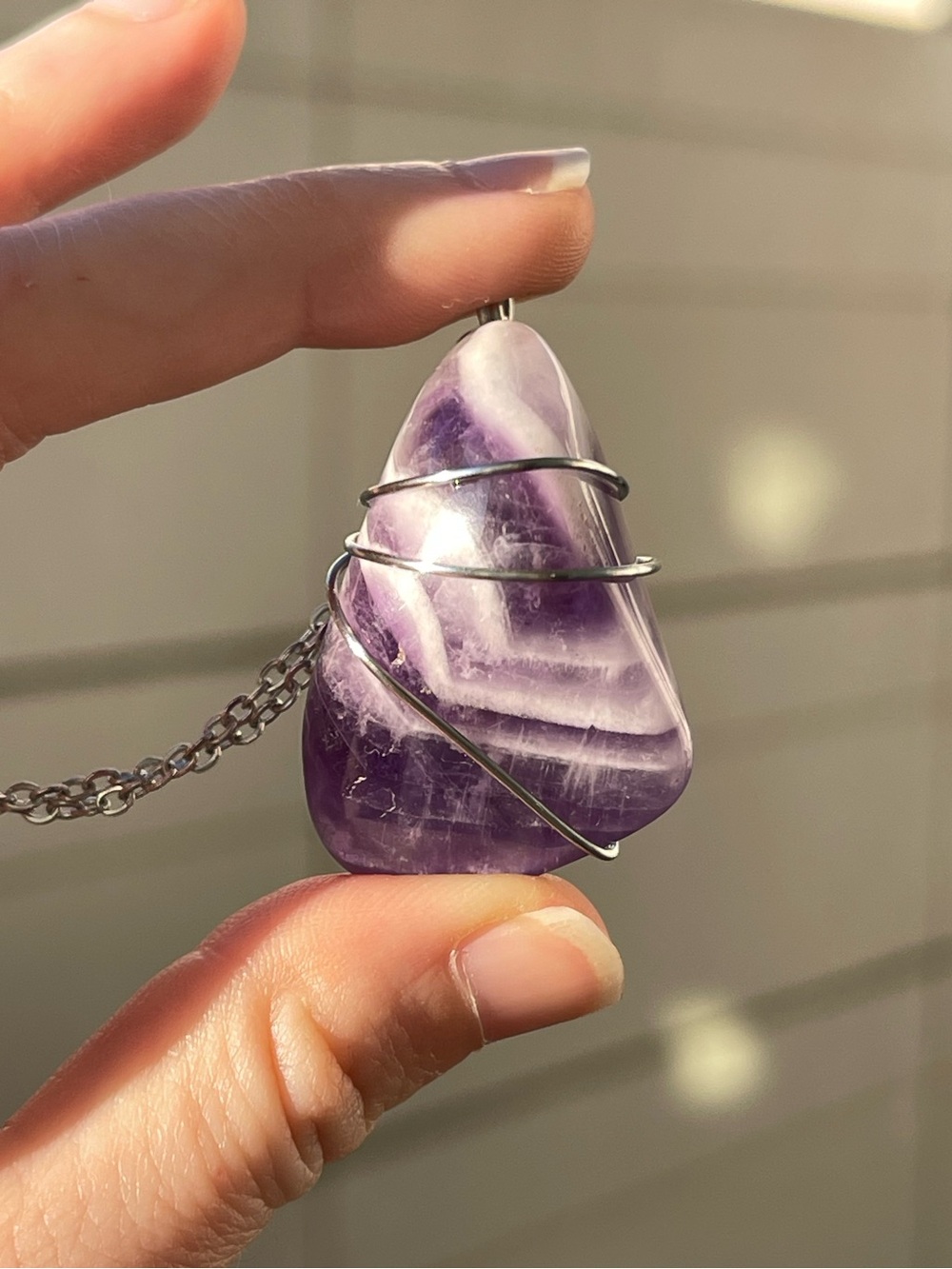 Handmade Amethyst Purple Stainless Steel Silver Wire Wrap on Silver Tone Chain